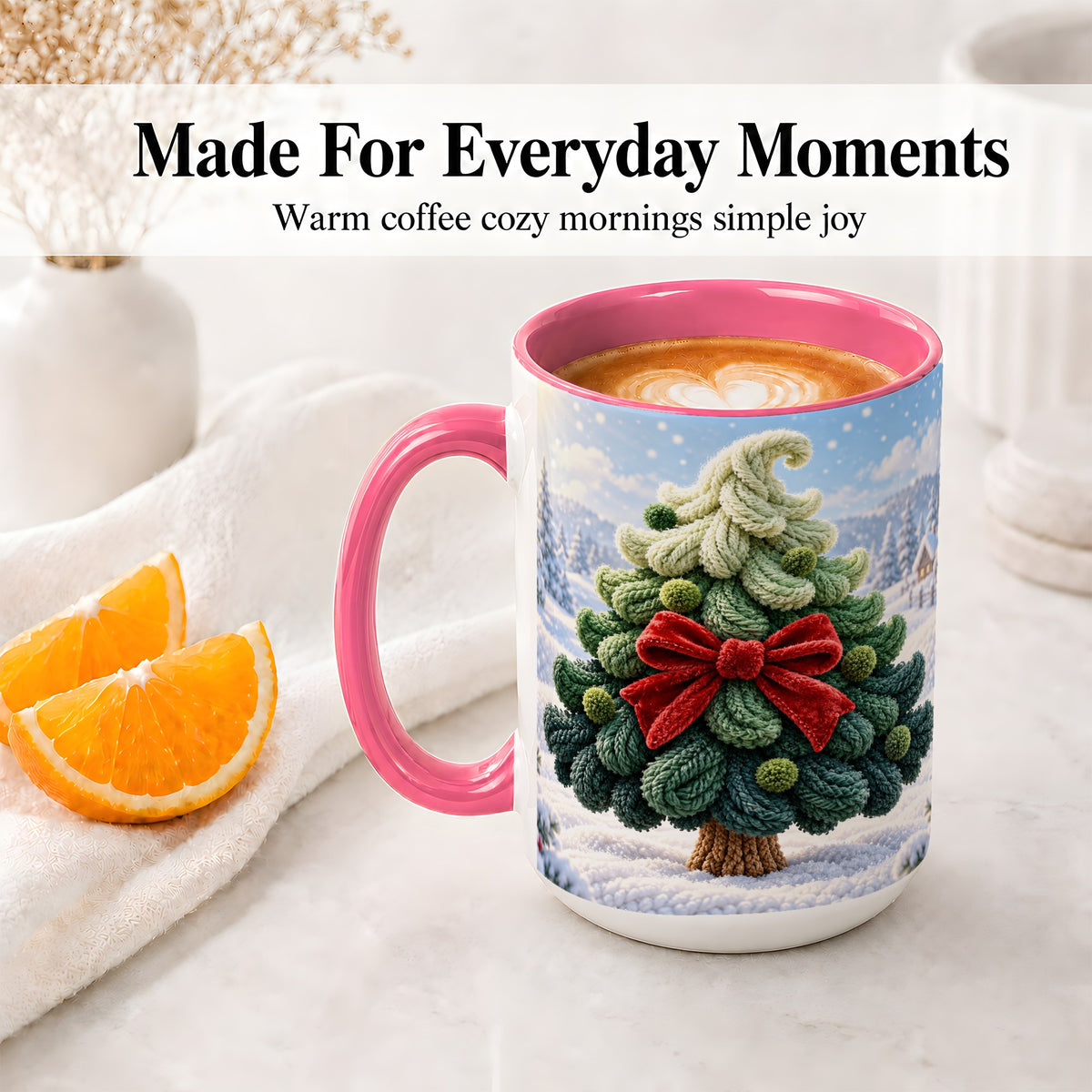 #pl[15oz|Pink] Knitted Christmas Tree Accent Mug, Ceramic Cup with Red Bow