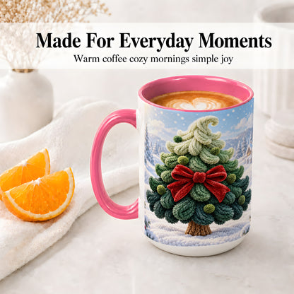 #pl[15oz|Pink] Knitted Christmas Tree Accent Mug, Ceramic Cup with Red Bow