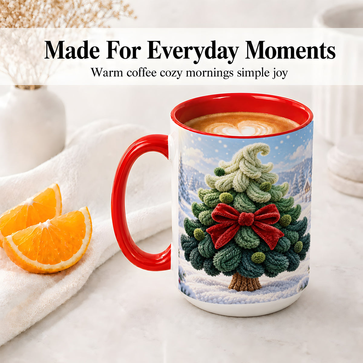 #pl[15oz|Red] Knitted Christmas Tree Accent Mug, Ceramic Cup with Red Bow