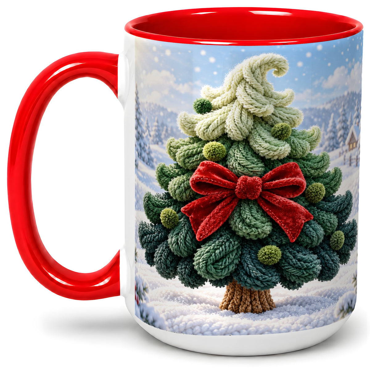 #pl[15oz|Red] Knitted Christmas Tree Accent Mug, Ceramic Cup with Red Bow