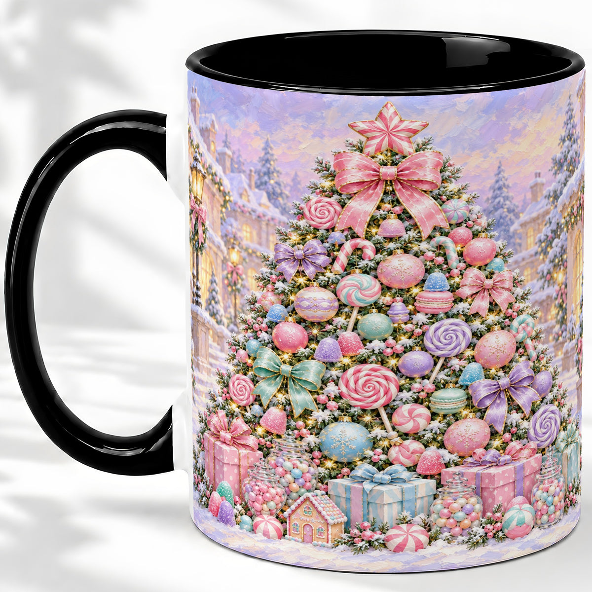 #pl[11oz|Black] Candy Christmas Tree Accent Mug, Ceramic Cup with Pastel Decor
