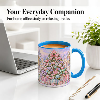 #pl[11oz|Blue] Candy Christmas Tree Accent Mug, Ceramic Cup with Pastel Decor