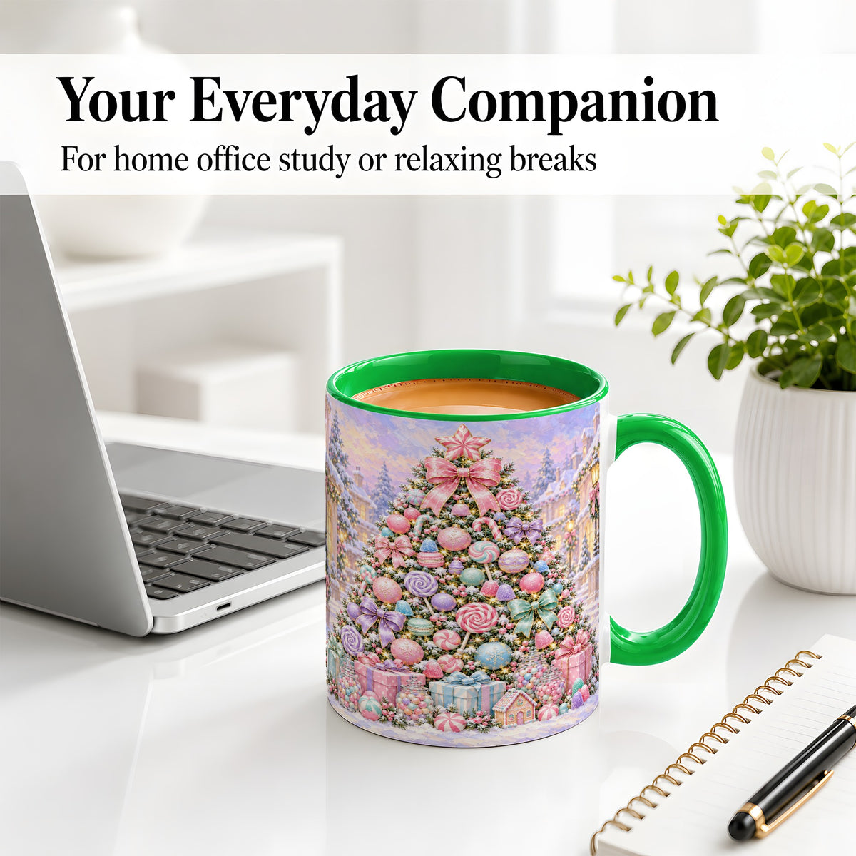 #pl[11oz|Green] Candy Christmas Tree Accent Mug, Ceramic Cup with Pastel Decor