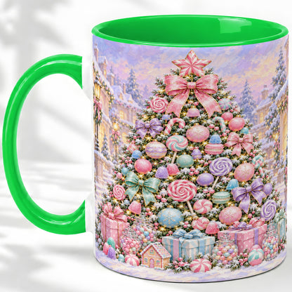 #pl[11oz|Green] Candy Christmas Tree Accent Mug, Ceramic Cup with Pastel Decor