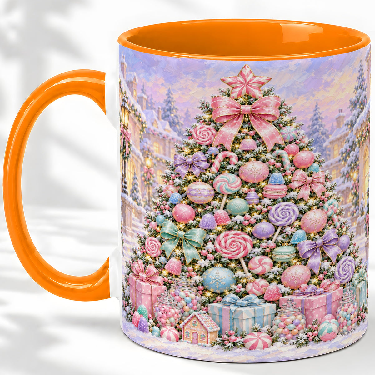#pl[11oz|Orange] Candy Christmas Tree Accent Mug, Ceramic Cup with Pastel Decor