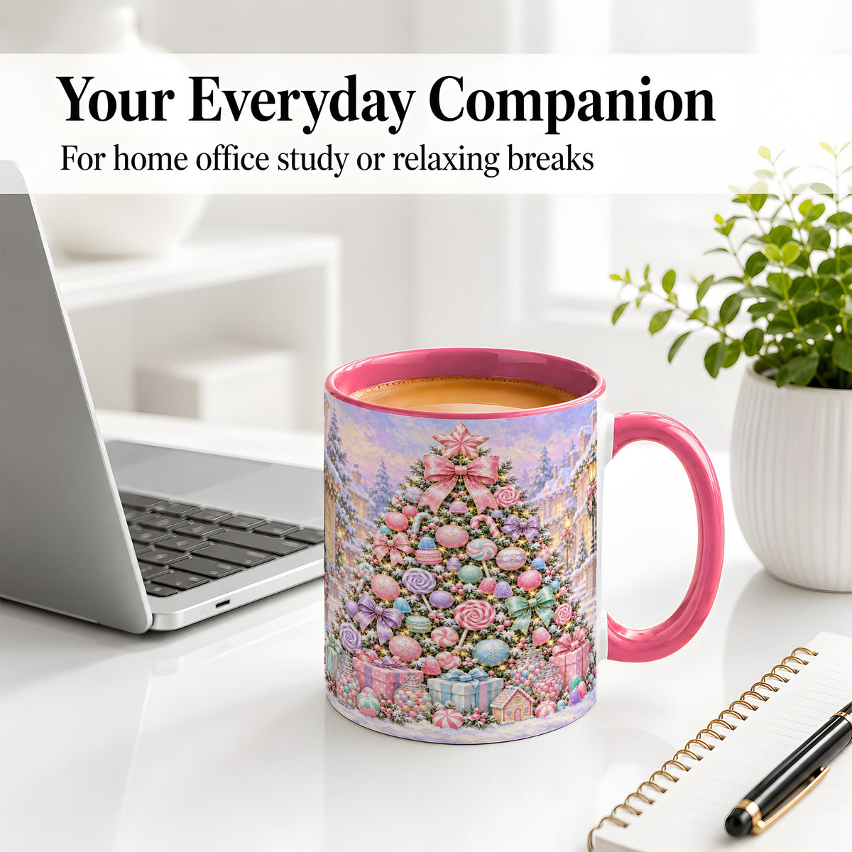 #pl[11oz|Pink] Candy Christmas Tree Accent Mug, Ceramic Cup with Pastel Decor