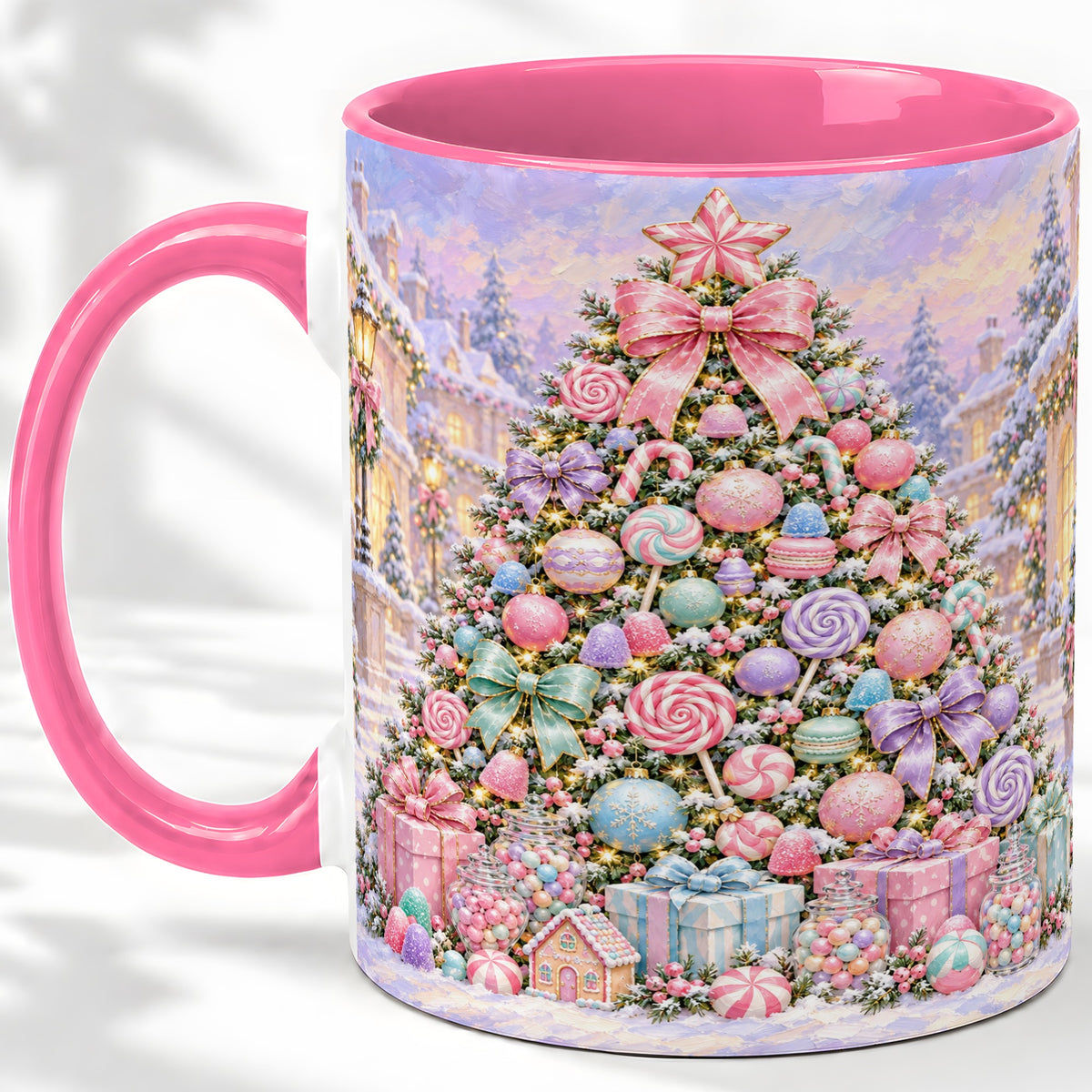 #pl[11oz|Pink] Candy Christmas Tree Accent Mug, Ceramic Cup with Pastel Decor