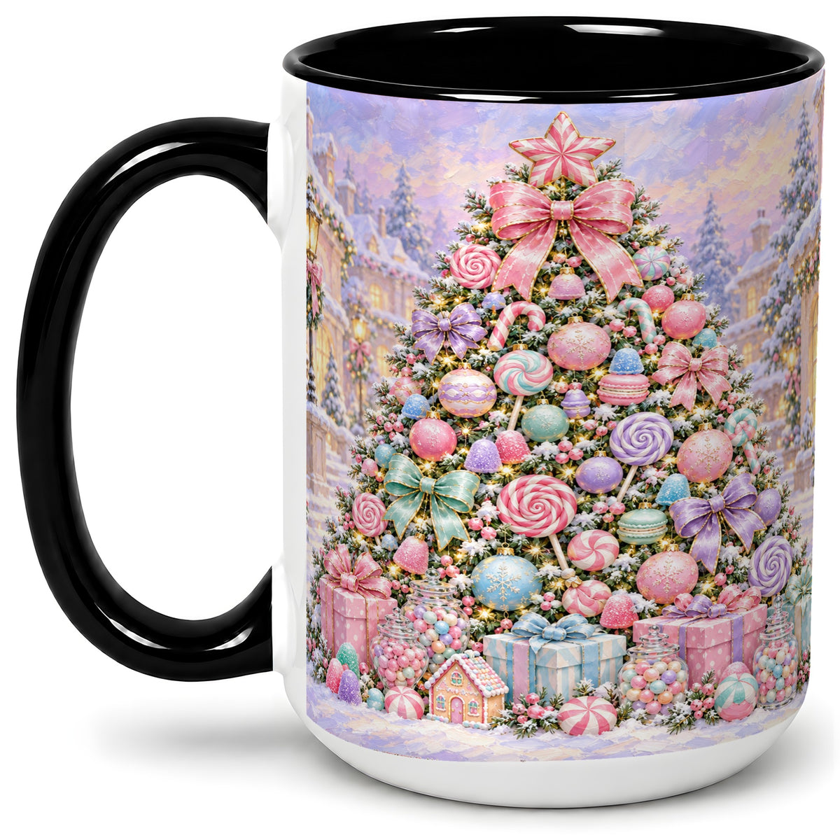 #pl[15oz|Black] Candy Christmas Tree Accent Mug, Ceramic Cup with Pastel Decor