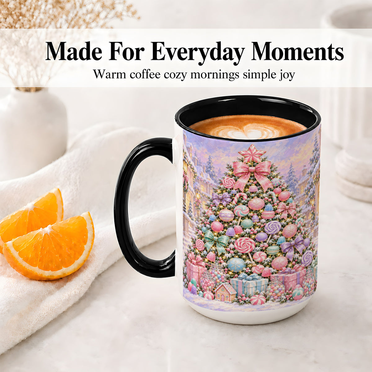 #pl[15oz|Black] Candy Christmas Tree Accent Mug, Ceramic Cup with Pastel Decor