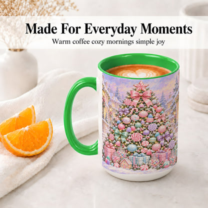 #pl[15oz|Green] Candy Christmas Tree Accent Mug, Ceramic Cup with Pastel Decor