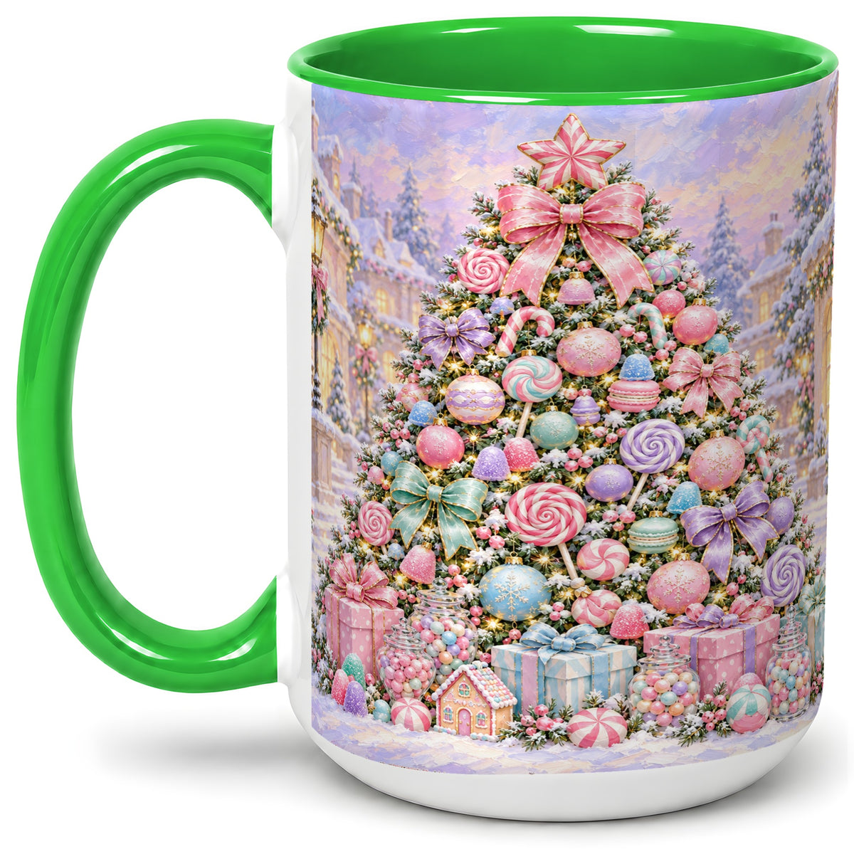 #pl[15oz|Green] Candy Christmas Tree Accent Mug, Ceramic Cup with Pastel Decor