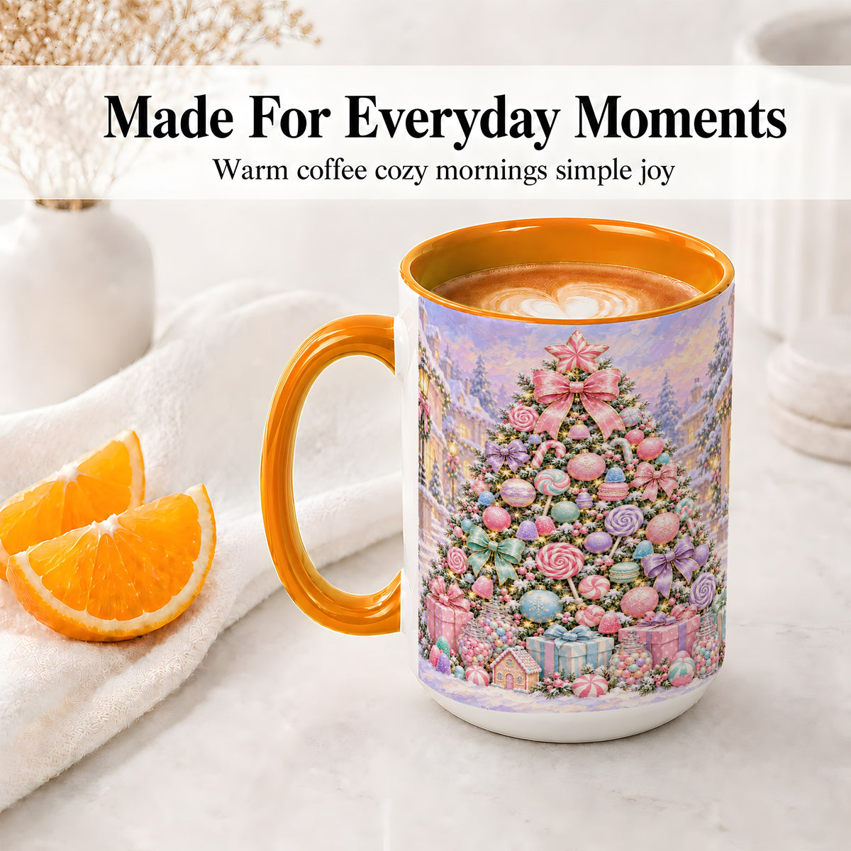 #pl[15oz|Orange] Candy Christmas Tree Accent Mug, Ceramic Cup with Pastel Decor