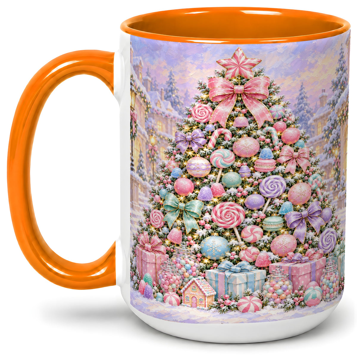 #pl[15oz|Orange] Candy Christmas Tree Accent Mug, Ceramic Cup with Pastel Decor