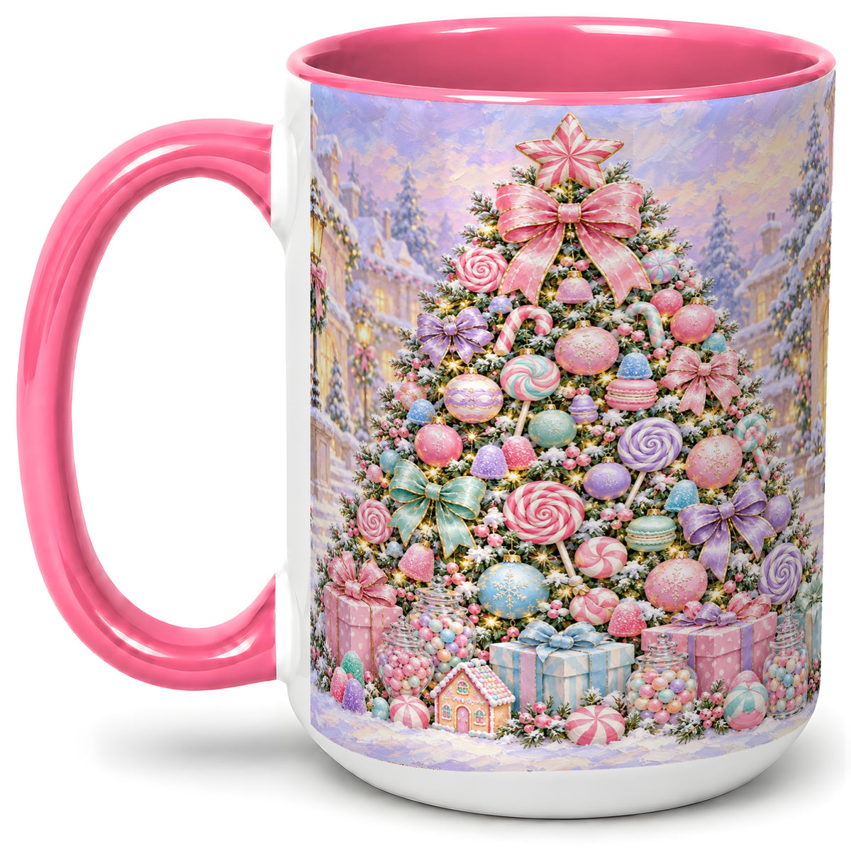 #pl[15oz|Pink] Candy Christmas Tree Accent Mug, Ceramic Cup with Pastel Decor