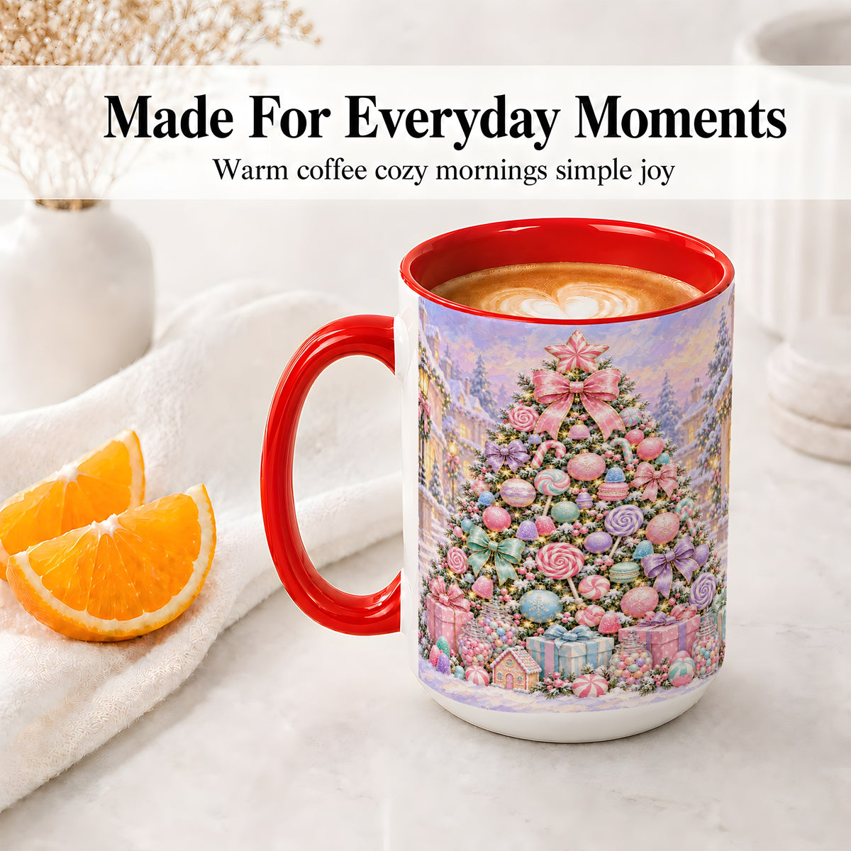 #pl[15oz|Red] Candy Christmas Tree Accent Mug, Ceramic Cup with Pastel Decor