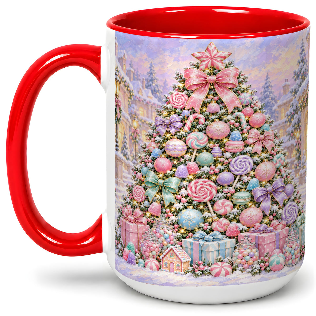#pl[15oz|Red] Candy Christmas Tree Accent Mug, Ceramic Cup with Pastel Decor