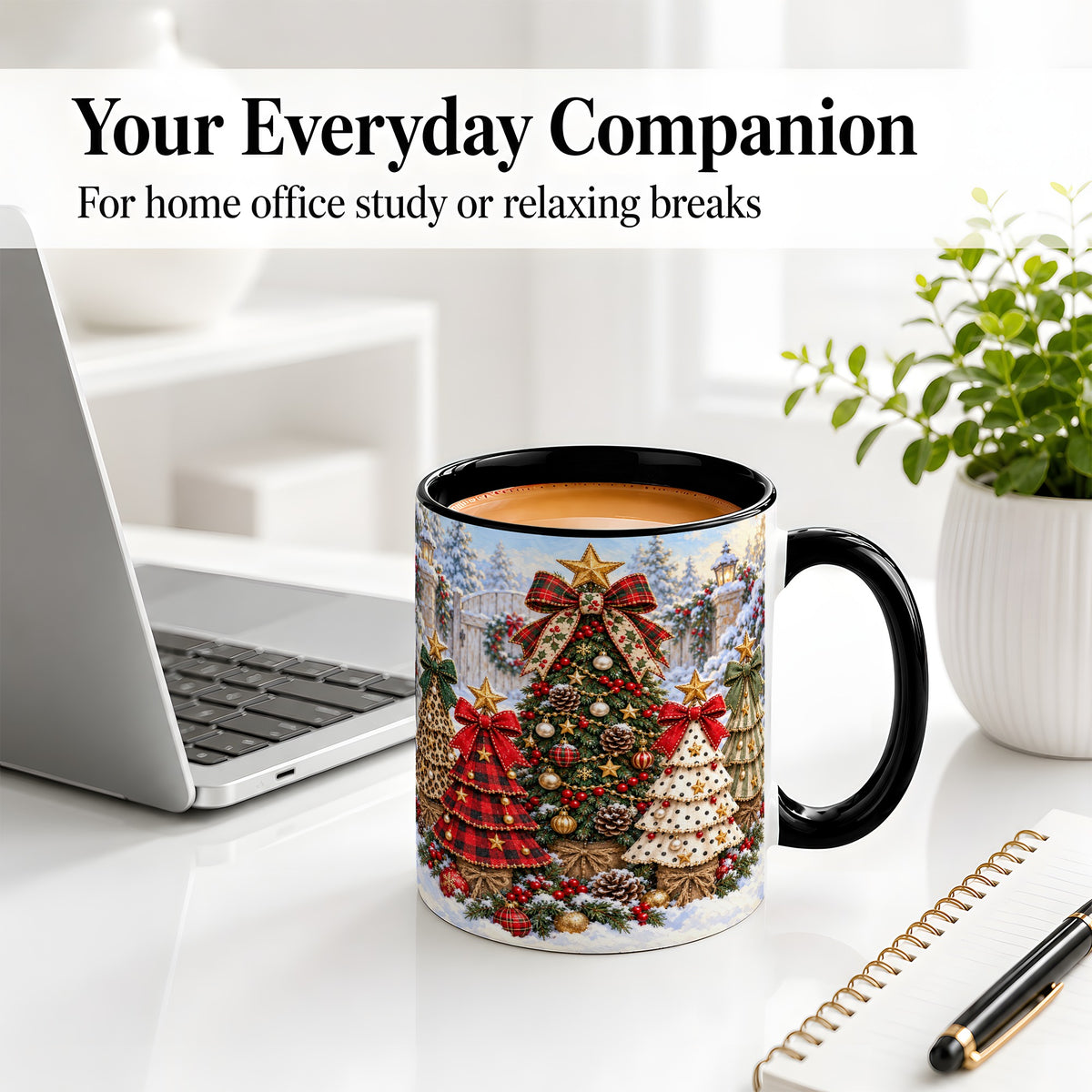 #pl[11oz|Black] Plaid Christmas Trees Accent Mug, Ceramic Cup with Festive Bows