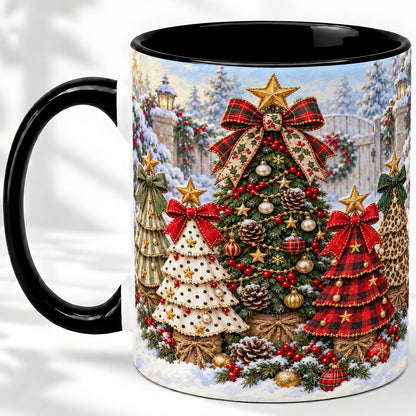 #pl[11oz|Black] Plaid Christmas Trees Accent Mug, Ceramic Cup with Festive Bows
