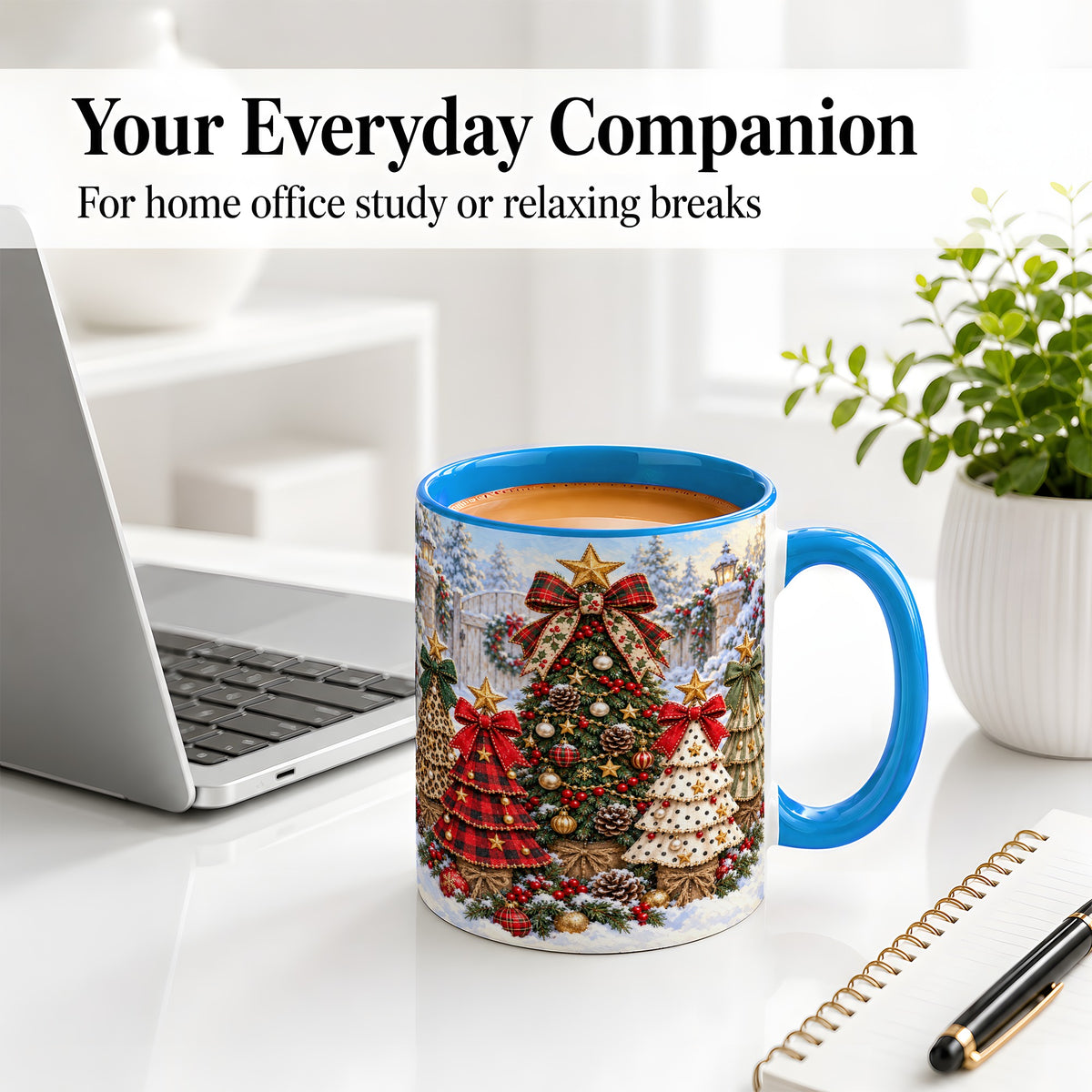 #pl[11oz|Blue] Plaid Christmas Trees Accent Mug, Ceramic Cup with Festive Bows