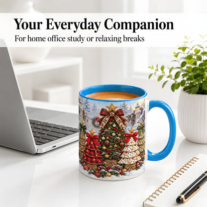 #pl[11oz|Blue] Plaid Christmas Trees Accent Mug, Ceramic Cup with Festive Bows