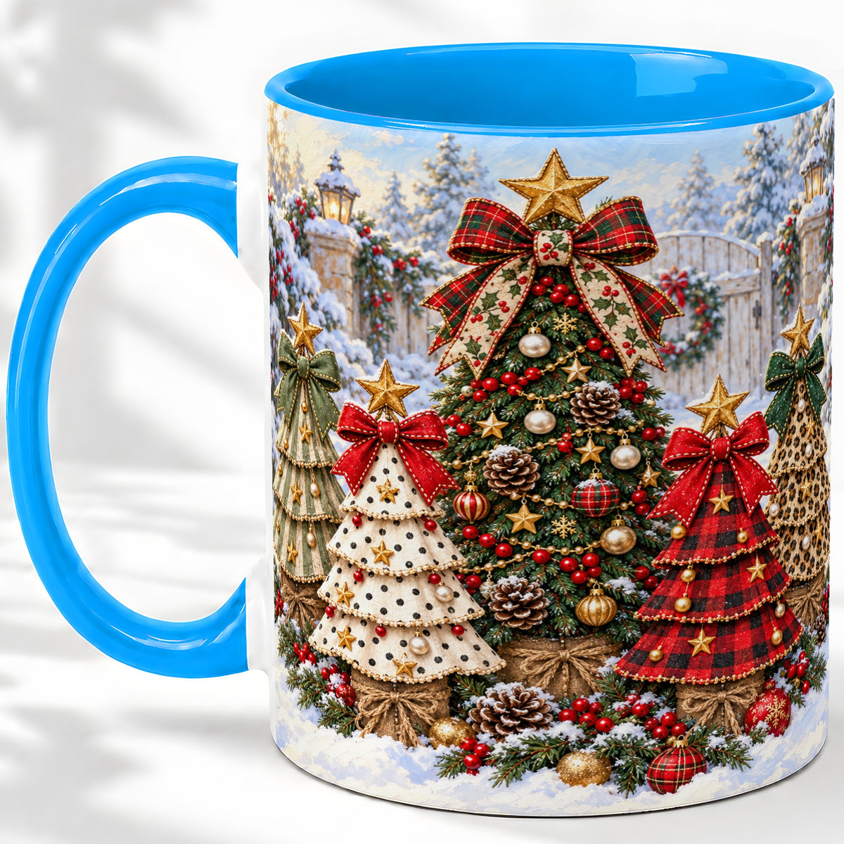 #pl[11oz|Blue] Plaid Christmas Trees Accent Mug, Ceramic Cup with Festive Bows