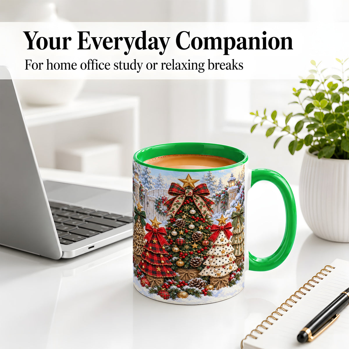 #pl[11oz|Green] Plaid Christmas Trees Accent Mug, Ceramic Cup with Festive Bows