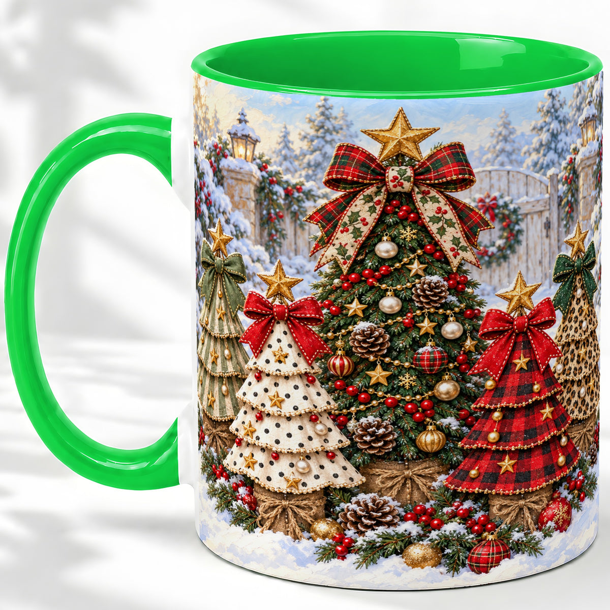 #pl[11oz|Green] Plaid Christmas Trees Accent Mug, Ceramic Cup with Festive Bows