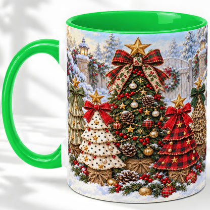 #pl[11oz|Green] Plaid Christmas Trees Accent Mug, Ceramic Cup with Festive Bows