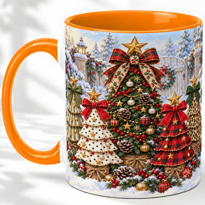#pl[11oz|Orange] Plaid Christmas Trees Accent Mug, Ceramic Cup with Festive Bows