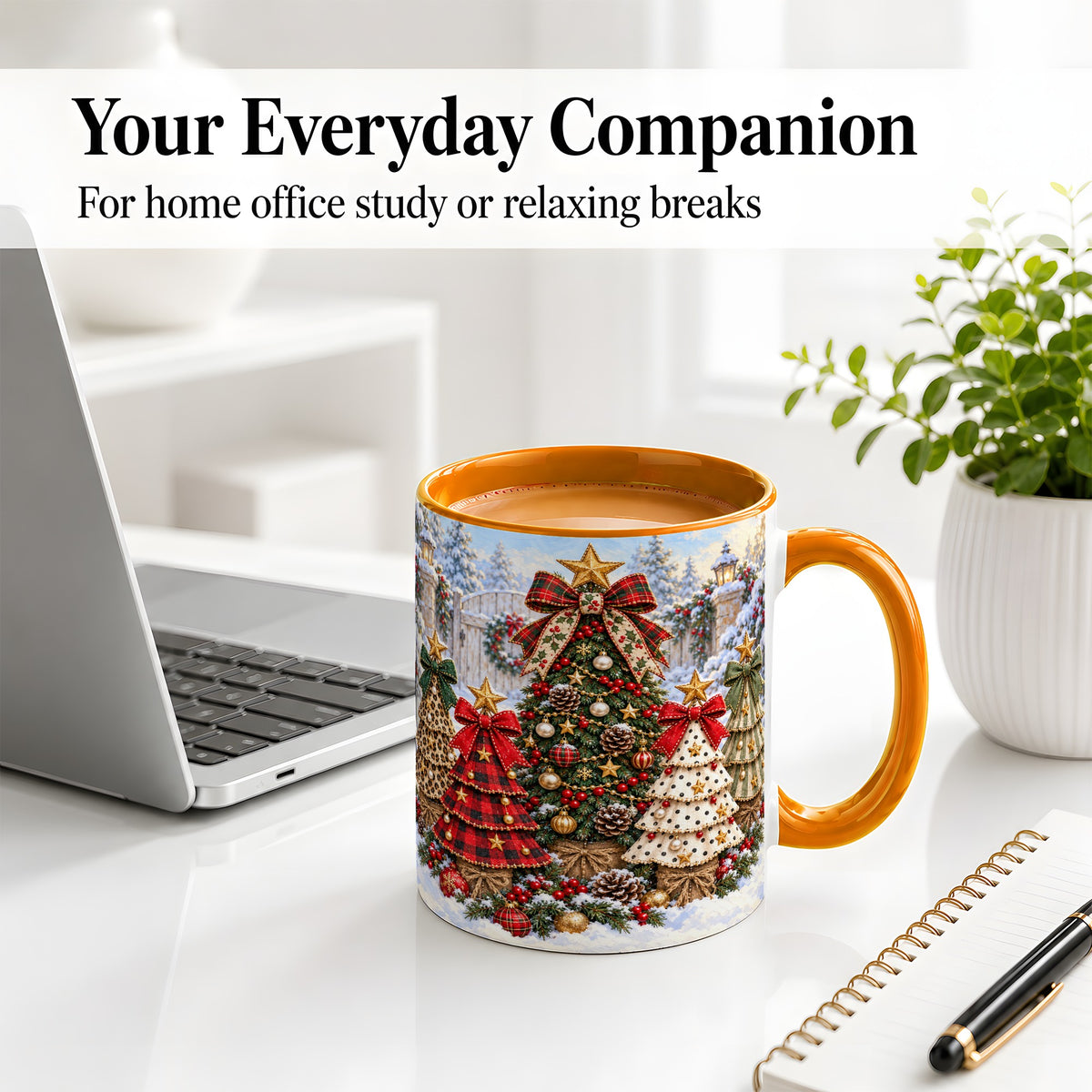 #pl[11oz|Orange] Plaid Christmas Trees Accent Mug, Ceramic Cup with Festive Bows