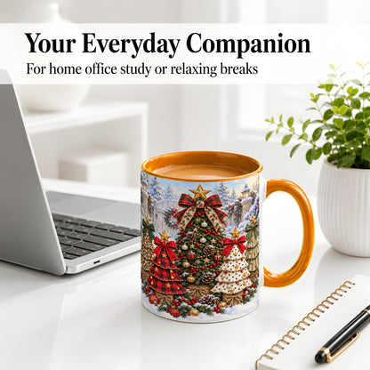 #pl[11oz|Orange] Plaid Christmas Trees Accent Mug, Ceramic Cup with Festive Bows