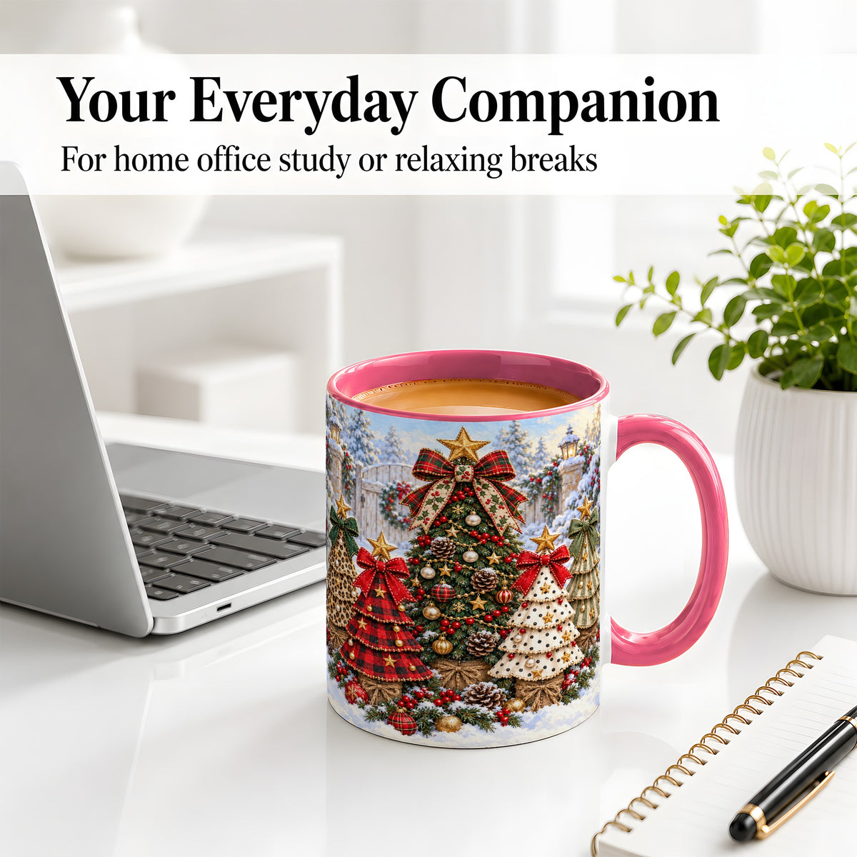 #pl[11oz|Pink] Plaid Christmas Trees Accent Mug, Ceramic Cup with Festive Bows