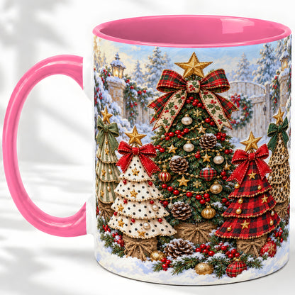 #pl[11oz|Pink] Plaid Christmas Trees Accent Mug, Ceramic Cup with Festive Bows