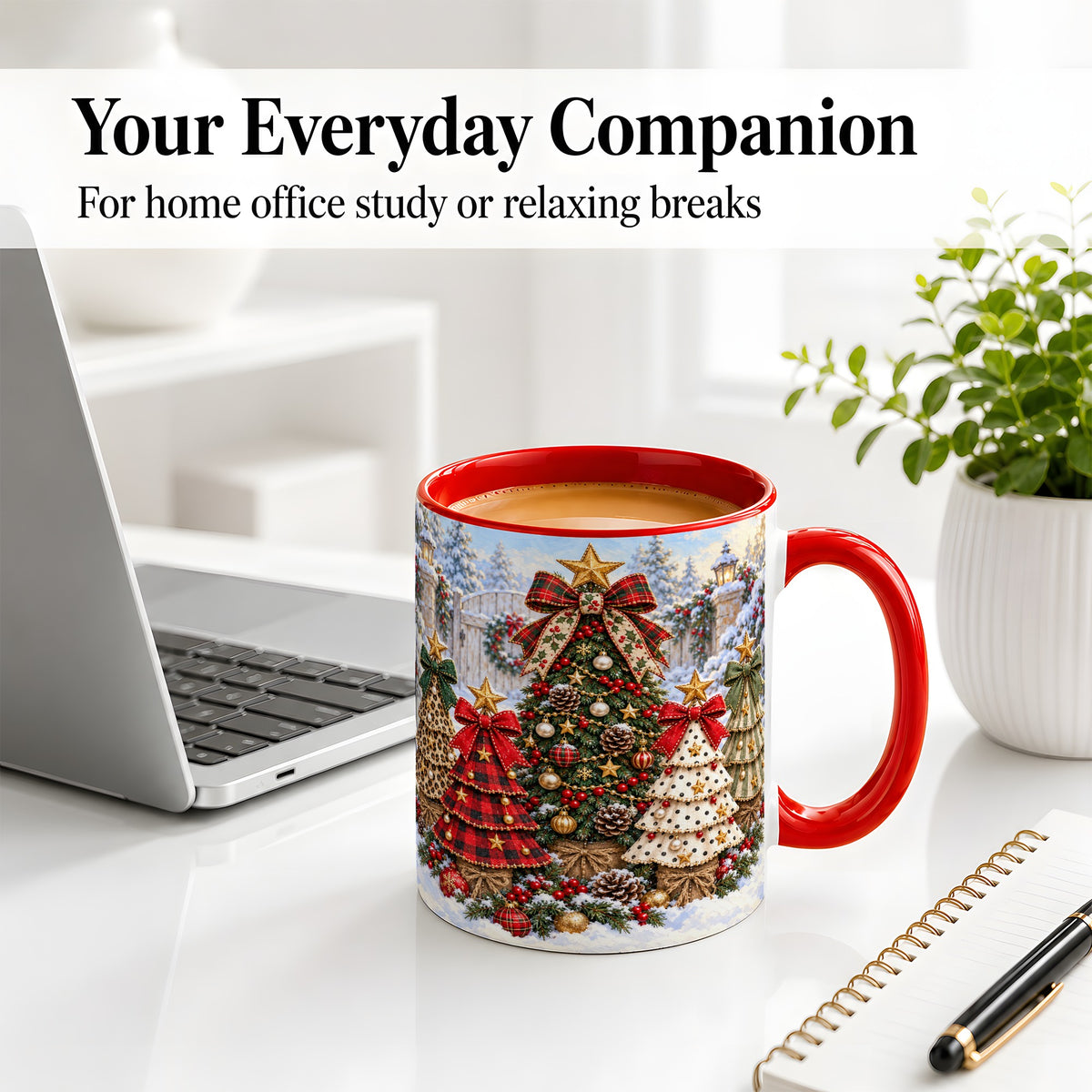 #pl[11oz|Red] Plaid Christmas Trees Accent Mug, Ceramic Cup with Festive Bows