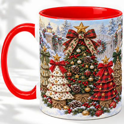 Plaid Christmas Trees Accent Mug, Ceramic Cup with Festive Bows