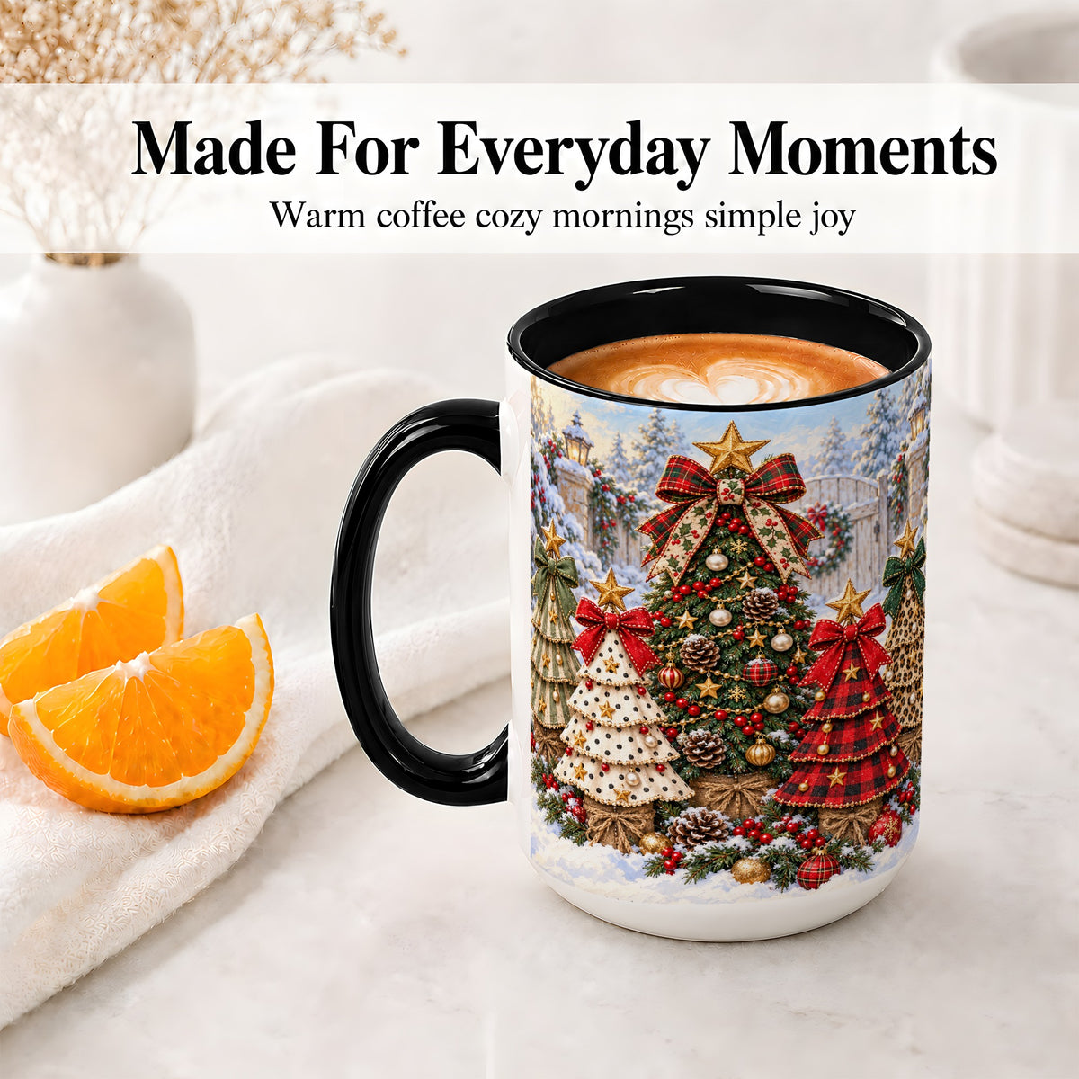 #pl[15oz|Black] Plaid Christmas Trees Accent Mug, Ceramic Cup with Festive Bows