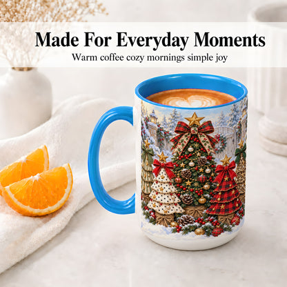 #pl[15oz|Blue] Plaid Christmas Trees Accent Mug, Ceramic Cup with Festive Bows