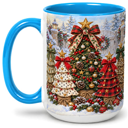 #pl[15oz|Blue] Plaid Christmas Trees Accent Mug, Ceramic Cup with Festive Bows
