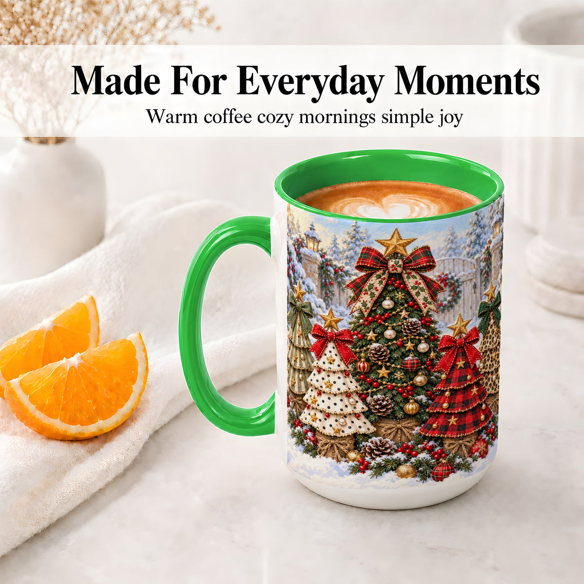 #pl[15oz|Green] Plaid Christmas Trees Accent Mug, Ceramic Cup with Festive Bows