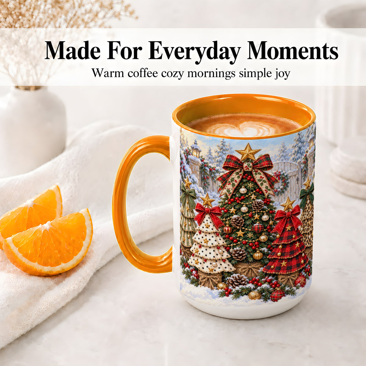 #pl[15oz|Orange] Plaid Christmas Trees Accent Mug, Ceramic Cup with Festive Bows