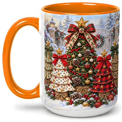 #pl[15oz|Orange] Plaid Christmas Trees Accent Mug, Ceramic Cup with Festive Bows
