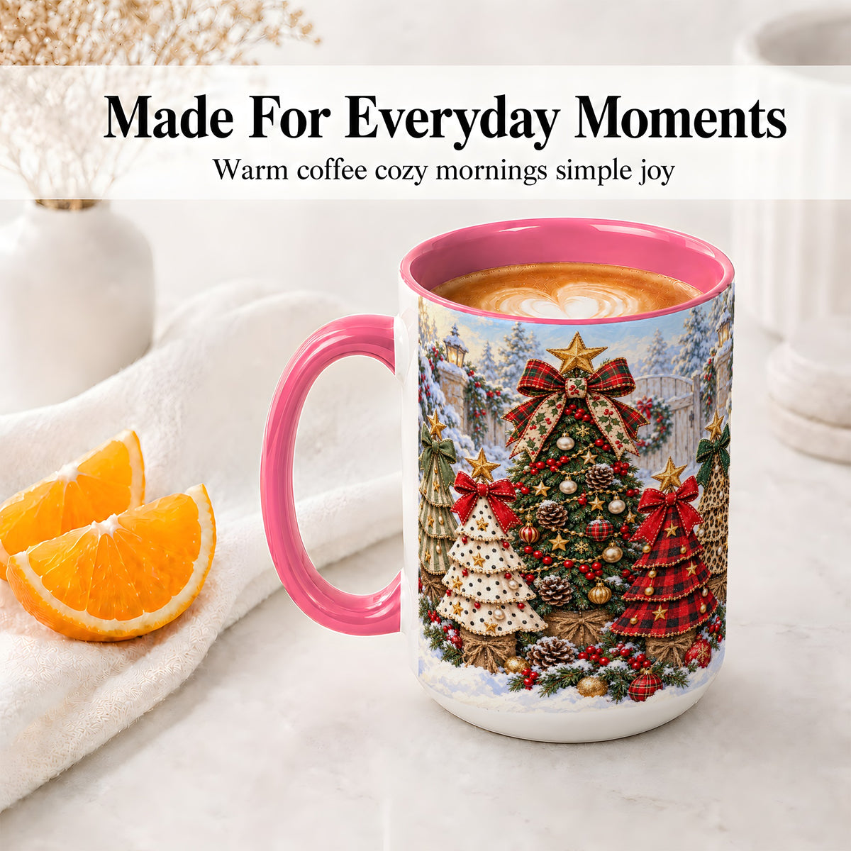 #pl[15oz|Pink] Plaid Christmas Trees Accent Mug, Ceramic Cup with Festive Bows