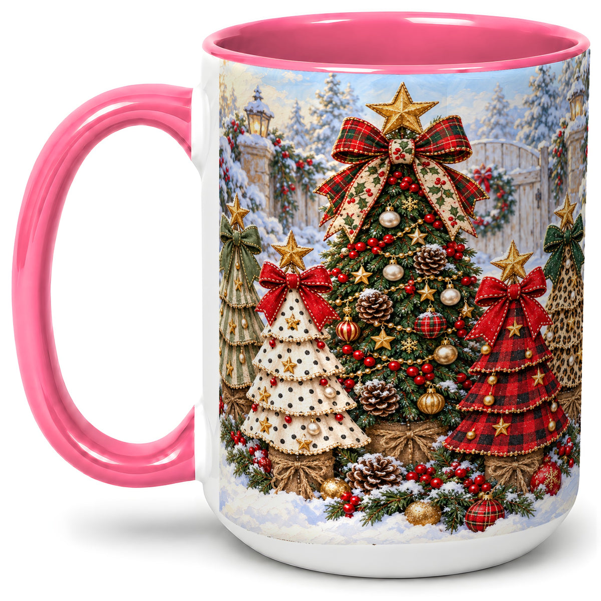 #pl[15oz|Pink] Plaid Christmas Trees Accent Mug, Ceramic Cup with Festive Bows
