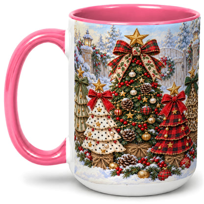 #pl[15oz|Pink] Plaid Christmas Trees Accent Mug, Ceramic Cup with Festive Bows
