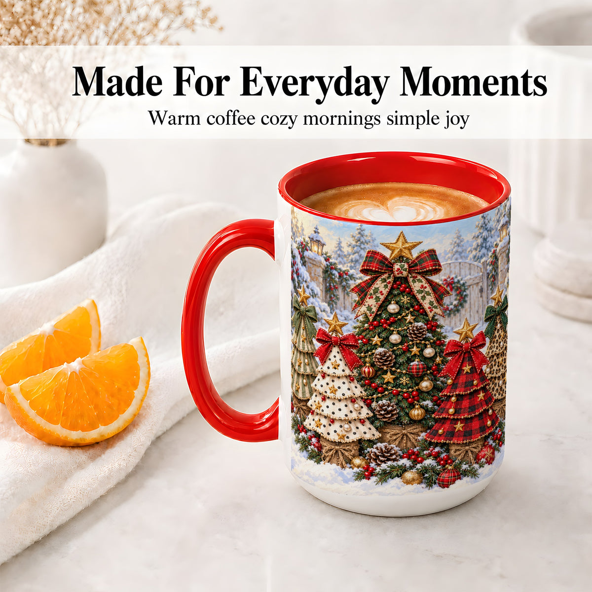 #pl[15oz|Red] Plaid Christmas Trees Accent Mug, Ceramic Cup with Festive Bows