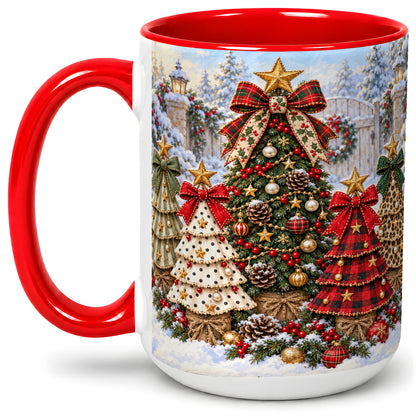 #pl[15oz|Red] Plaid Christmas Trees Accent Mug, Ceramic Cup with Festive Bows