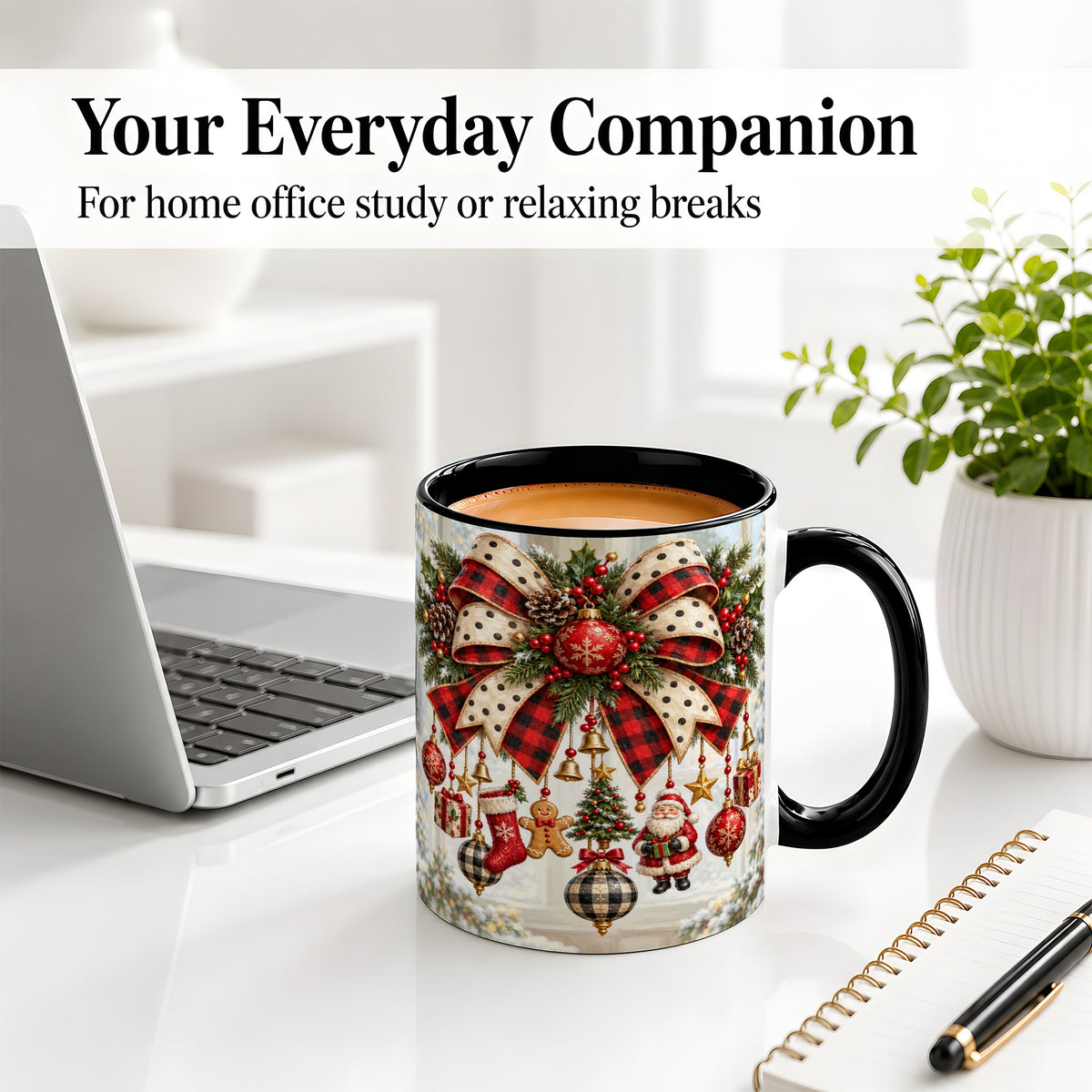 #pl[11oz|Black] Plaid Christmas Bow Accent Mug, Ceramic Cup with Ornaments