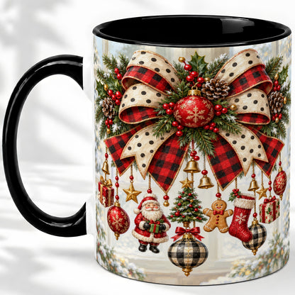 #pl[11oz|Black] Plaid Christmas Bow Accent Mug, Ceramic Cup with Ornaments