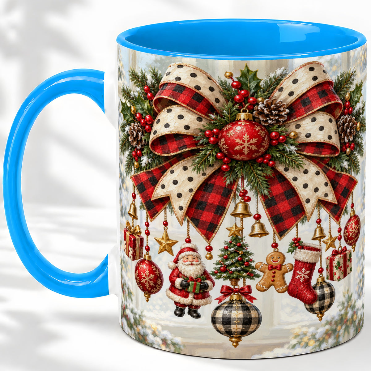 #pl[11oz|Blue] Plaid Christmas Bow Accent Mug, Ceramic Cup with Ornaments