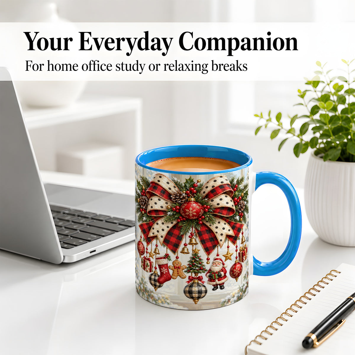 #pl[11oz|Blue] Plaid Christmas Bow Accent Mug, Ceramic Cup with Ornaments